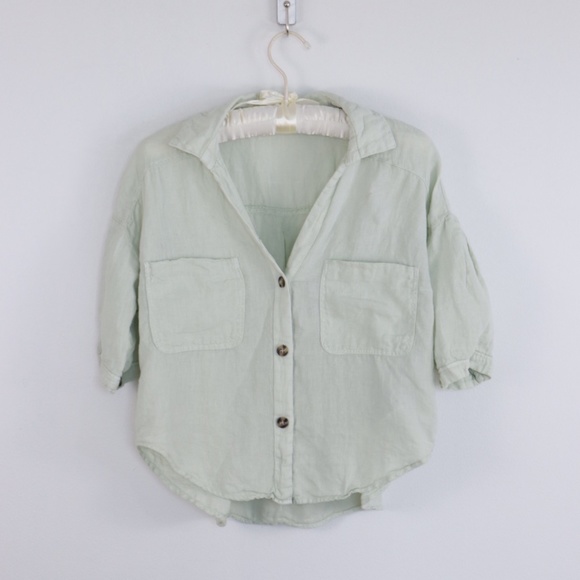 Women's Zara Green Linen Short Sleeve Button Down Crop Shirt Size S/M - Picture 1 of 10